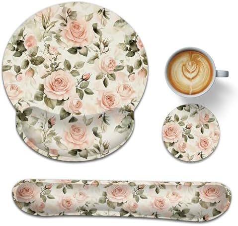 Pink Roses Keyboard Wrist Rest Pad Ergonomic Mouse Pad Set,Vintage 3 in 1 Memory Foam Mouse Pad with Non Slip Base for Office and Home