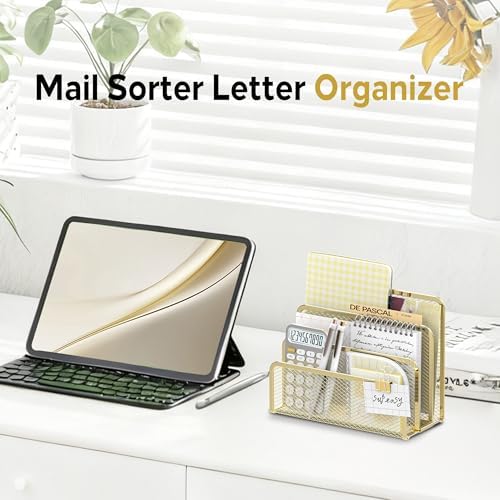 Mail Organizer Countertop for Desk, Mail File Holder with 3-Slot, Gold