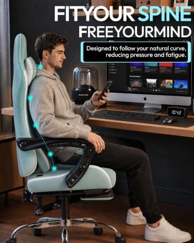 Dowinx Ergonomic Gaming Chair with Footrest & Massage Lumbar, 2D-Linkage Armrests for Computer Chair 330lbs with Headrest Pillow for Office, Home, Streaming and Long Gaming Sessions, Fabric Blue White