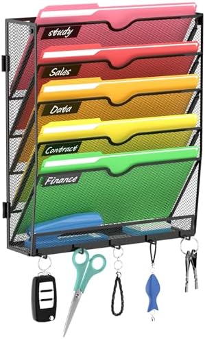6-Tier Wall File Organizer with Hook, Hanging File Organizer Black