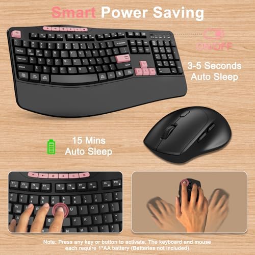 Wireless Keyboard and Mouse Combo, 2.4G Ergonomic Wave Keys(Pink-B)