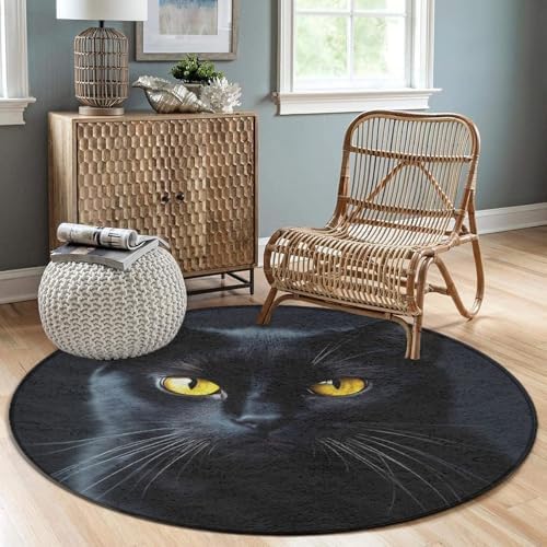 Women's Large Home Decor Mat, Soft Round Yoga Carpet, Non Slip Machine Washable Home Office Circle Rug Black Cat
