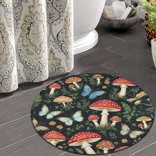 Women's Large Home Decor Mat, Soft Round Yoga Carpet, Non Slip Machine Washable Home Office Circle Rug Butterfly Mushroom Gifts