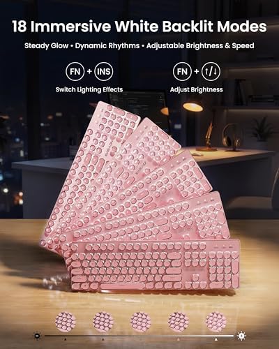 Wireless Typewriter Style Mechanical Keyboard with White Backlit, Pink