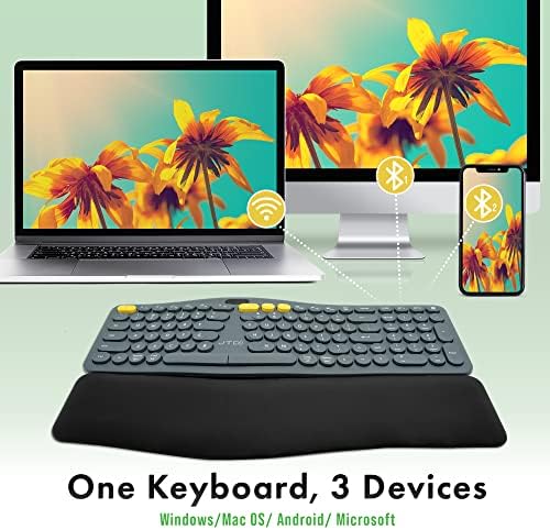 J-Tech Digital Wireless Ergonomic Split Keyboard w Display Screen Rechargeable Battery Removable Wrist Rest | Supports Multi-Device (2.4G+BT1+BT2) 12 Multimedia Keys Compatible with Windows/Mac/iPad