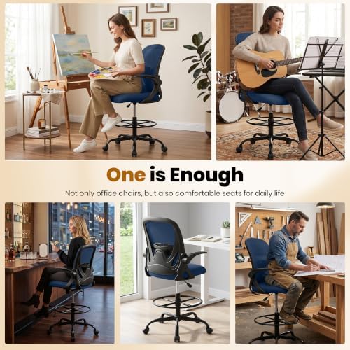 Primy Drafting Chair Tall Office Chair with Flip-up Armrests Executive Ergonomic Computer Standing Desk Chair with Lumbar Support and Adjustable Footrest Ring (Navy)