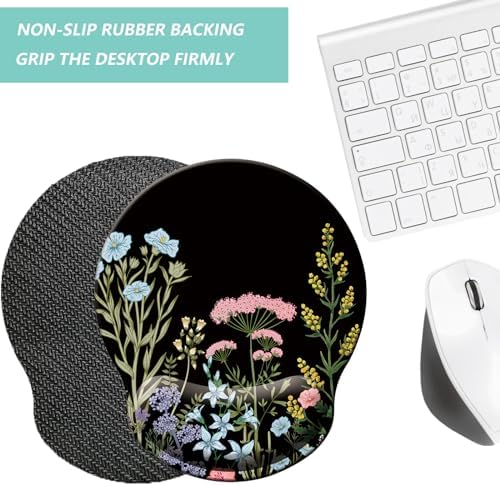 Mouse Pad with Wrist Support, Ergonomic Mouse Pad with Memory Foam Wrist Rest Cushion, Non-Slip Rubber Base Gaming Mice Pad for Home Office Computer Laptop, Flowers Black