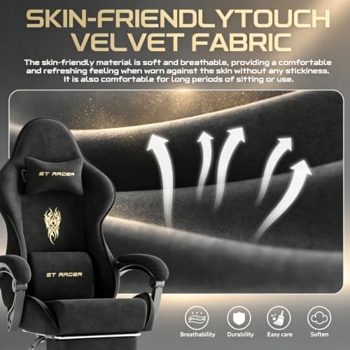 Ferghana Velvet Ergonomic Gaming Chair for Adults, Reclining Racing Computer Desk Chair with Footrest & Massage Lumbar Cushion, Comfortable Home Office Video Game Chair, Black