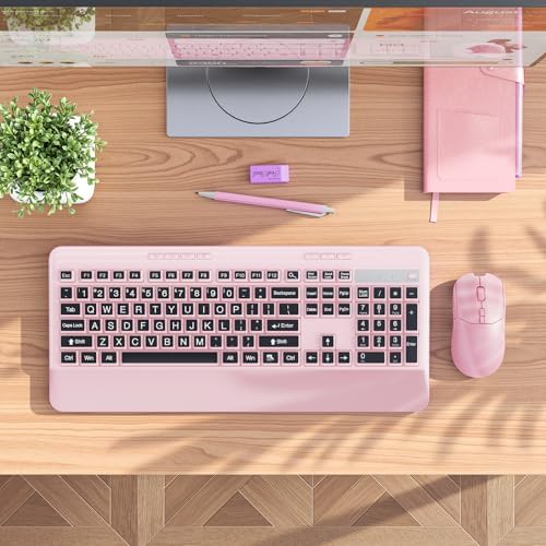 KOPJIPPOM Silent Wireless Keyboard and Mouse Combo - Keyboard with Large Print Cover, 2.4GHz Full-Sized Ergonomic Keyboard with Wrist Rest and Mouse for Laptop, PC, Notebook, Desktop