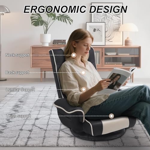 Ergonomic Gaming Chair, 6-Position Reclining Sofa Bed with Lumbar Support, Foldable Floor Lounger with Thick Cushion, Armrests & Side Pockets for Reading, Gray/Beige
