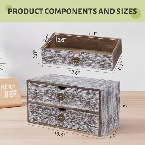 Wood Desk Organizer, Washed Brown Wooden Desktop Organizer with Drawer, Tabletop Storage Organization Box for Countertop, Home Office Supplies, Bills, 13.3 x 6.5 x 7 Inches(2 Drawer)