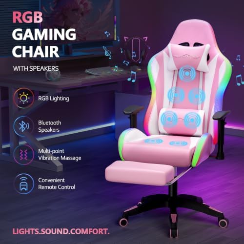 Mr IRONSTONE RGB Gaming Chair with Bluetooth Speakers, Multi-Point Vibration Massage Gaming Chair (Seat, Back & Lumbar), Ergonomic High Back Recliner, Footrest for Adults, Iridescent Pink