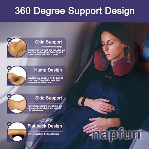 napfun Neck Pillow for Travel, Memory Foam Airplane Pillow, Burgundy