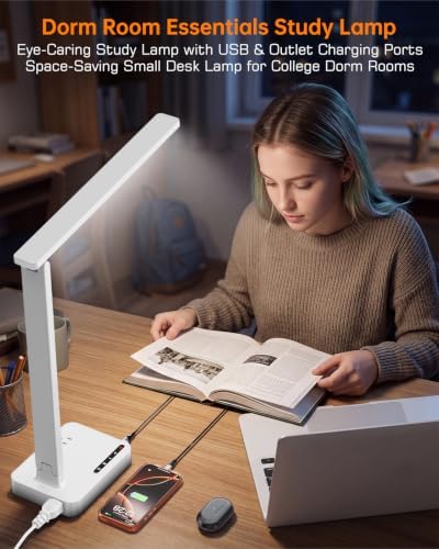 cozoo LED Desk Lamp for Dorm Office, USB-C,AC Outlet, Reading Light, White