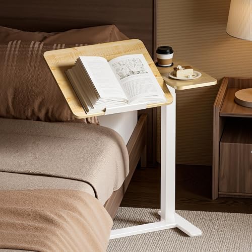 BZIUM Overbed Bedside Table with Hidden Wheels, Adjustable Medical Tilt Top Hospital Bed Table Over The Bed, Rolling Desk Mobile Standing Desk (31.5x15.8, Maple)