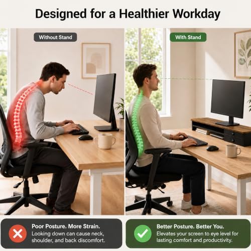 Dual Monitor Stand, 42.5 Inch Wood Monitor Riser with Drawers, 2 Tier Desktop Organizer for Computer Laptop TV, Large Screen Stand for Home Office Desk