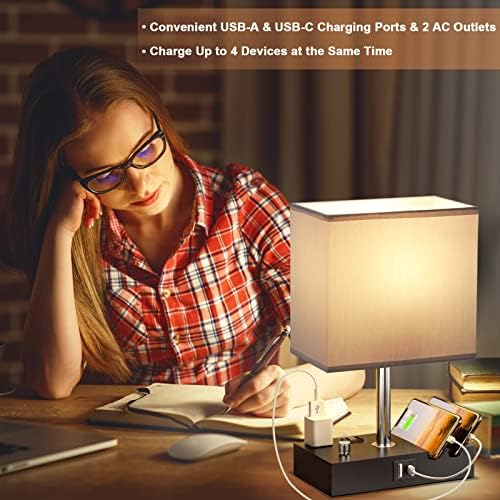 Grey Table Lamp for Bedroom - Stepless Dimmable, USB C+A, 2 AC Outlets