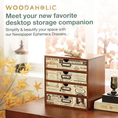 4-Drawer Vintage Ephemera Pattern Desktop Organizer - Arts and Craft Newspaper Design Desk Storage Cabinet - Ephemera Wood Shelf Drawers with Label Holders - Scrapbook Collecting