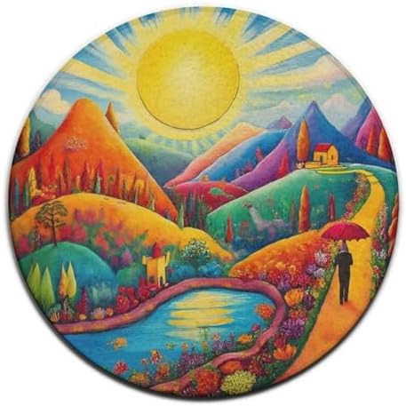 Highly Premium Quality Floor Mat, Office Chair Decor Mat, Room Sofa Yoga Soft Round Carpet Colorful Red Cottage Landscape Art, 36inch