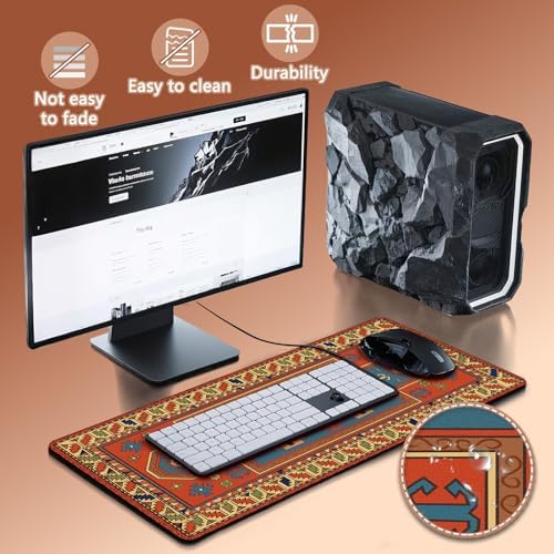 Persian Rug Mouse Pad - Desk Mat for Keyboard and Mouse - Large Mouse Pads for Desk, Gaming Mousepad with Non-Slip Base, Retro Desk Mat (31.5" X 11.8") Rug - Orange Shell