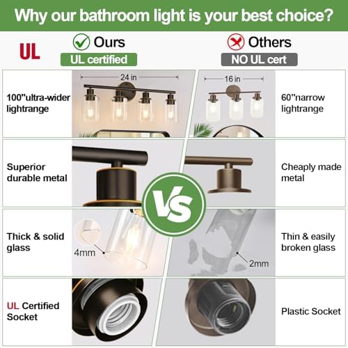 4-Light Bathroom Light Fixtures, Brown and Gold Modern Vanity Lights Over Mirror with Clear Glass Shade, Bathroom Wall Lamp for Mirror Kitchen Living Room Hallway Cabinet Porch Bedroom Reading room