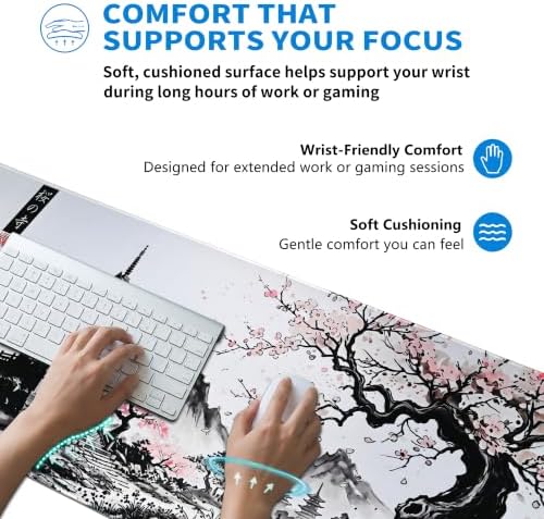 Extended Japanese Sakura Zen Desk Mat, XL Large Gaming Mouse Pad, Cherry Blossom Temple Stitched Edges Waterproof Non-Slip Rubber Base for Computer Keyboard Laptop Work Home Office 31.5"x11.8"