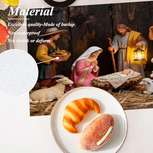 Shrahala Brown Christmas Christian Church Set of 6 12 X 18 Inch Linen Placemats, Brown Light Baby Burlap Table Mat Washable Double Layered Heat Insulation for Indoor/Outdoor