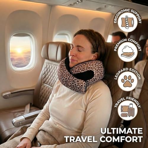 FlyHugz® Neck Travel Pillow Memory Foam Neck Pillow, Leopard Print