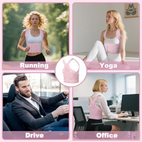 Posture Corrector for Women and Men,4 In 1 Adjustable Full Back Brace,Posture Braces Can Relieve Upper and Lower Back Pain, Shoulder Braces for Hunchback,Scoliosis, Lumbar Spine, Spine（Medium Pink）