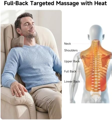 Flekzo Shiatsu Back Massager Chair Pad with 4-Zone Heat, Deep Tissue Kneading & Rolling, 6-Point Finger-Grip Neck & Back Massage, Adjustable Height, Office Chair & Recliner Seat Cushion, Khaki