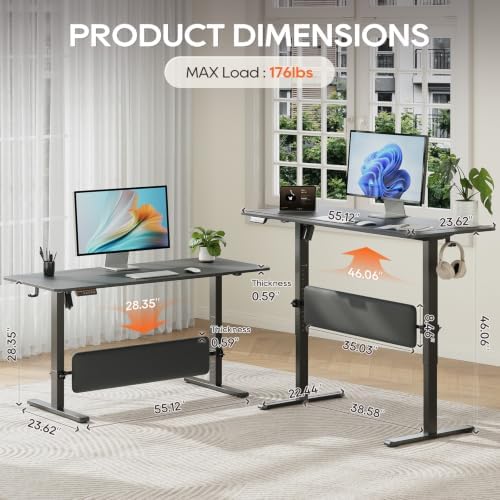 MALOL 56" x 24" Electric Standing Desk with Adjustable Footrest, Black