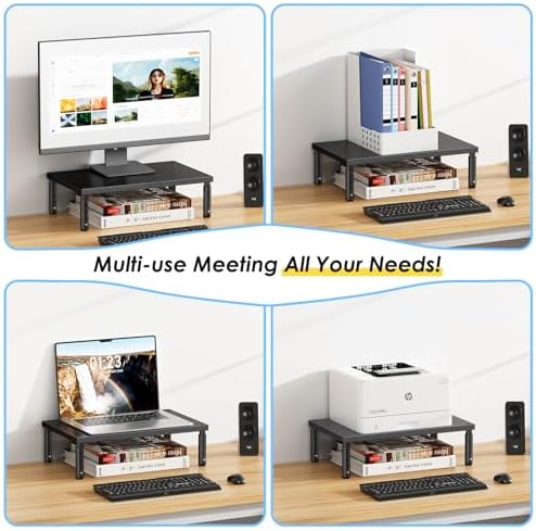 ECOLOVI Adjustable Wood Computer Monitor Stand Riser, Office Desk Organizer and Accessories for Monitor, Laptop, PC, Printer, Office Desk Accessories Workspace Organizer for Home Office Supplies, Black