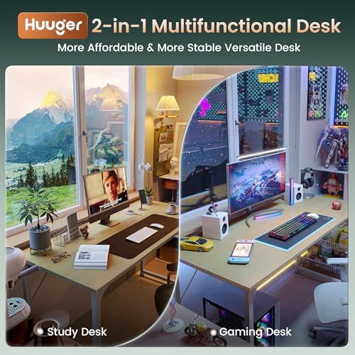Huuger Computer Desk, 54 Inch Office Desk, Gaming Desk with Storage, Writing Desk Work Desk for Home Office, Study, Modern Simple Desk, Large Legroom, Metal Frame, Maple