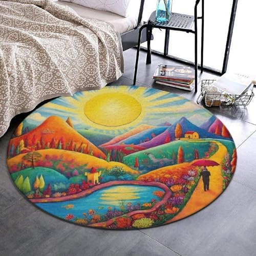 Large Round Area Rug Home Decor Modern Bathroom Rug Kitchen Office Circle Rug for Living Room Sofa Circle Cute Mat Colorful Red Cottage Landscape Art, 60inch