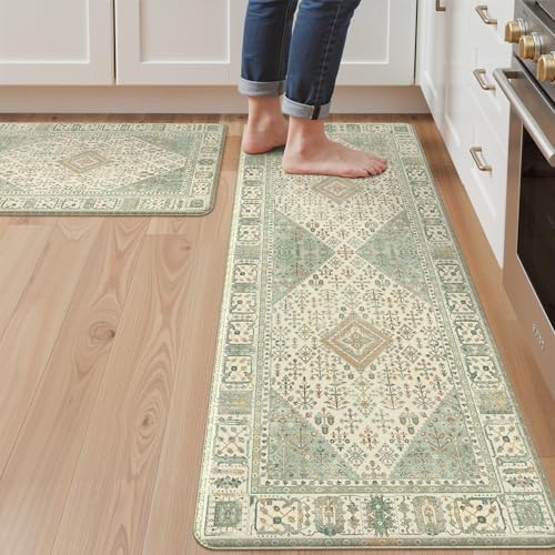 GENIMO Anti Fatigue Kitchen Mats for Floor 2PCS, Standing Rugs,MintGreen