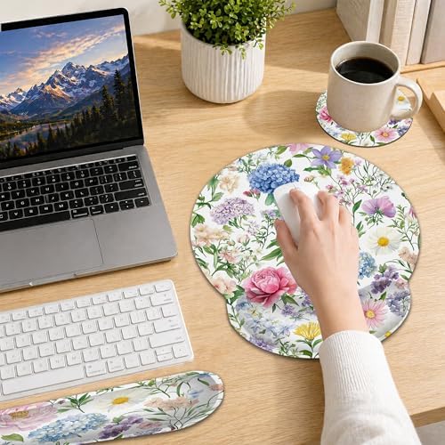 Watercolor Floral Keyboard Wrist Rest Pad Ergonomic Mouse Pad Set,Wildflowers 3 in 1 Memory Foam Mouse Pad with Non Slip Base for Office and Home