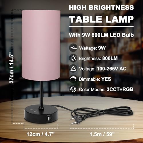 Unicozin Table Lamp for Bedroom, 3 Color Temperatures, 7 RGB Colors, Adjustable Brightness, Dual USB Charging Ports, Ambience Nightstand Light with Pink Shade, Desk Lamp for Kids Reading Home Office