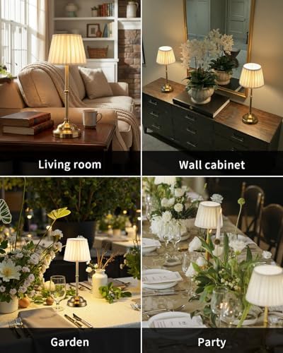 KDG Gold Cordless LED Table Lamps Set of 2, Beige Fabric Shade Desk Lamps