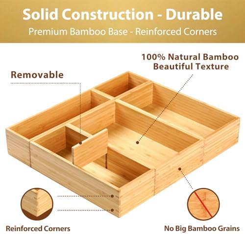 Umilife Drawer Organizer Storage Boxes, 2.5" High Bamboo Drawer Dividers, 5 Rearrangeable Bins for Kitchen, Office Desktop, Clothing, Makeup, vanity, Jewelry
