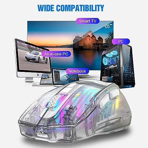 HXMJ-Wireless Gaming Mice with Transparent Crystal Shell,Tri-Modes (USB Wired+2.4G Wireless+Bluetooth),Silent Click,RGB Backlit-White