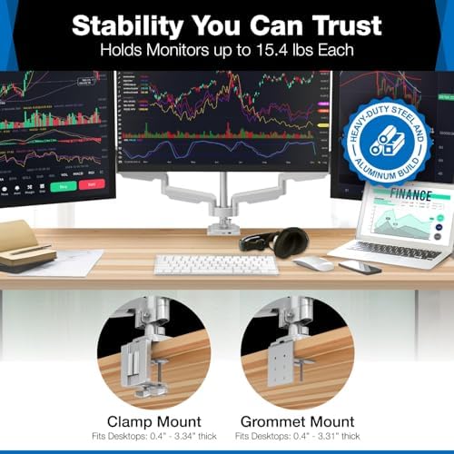 Mount-It! Triple Monitor Mount with Gas Spring Arms, Fits 24–32 Inch Screens, USB & Audio Ports, Full Motion Desk Stand with Tilt, Swivel & Rotation, Heavy Duty Silver 3 Screen Arm with Clamp