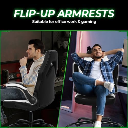 N-GEN GAMING Video Gaming Chair Ergonomic Office Desk Chair with Lumbar Support Adjustable Height Padded Flip Up Arms and Swivel Wheels Racing Style Design for Adults with PU Leather (White)
