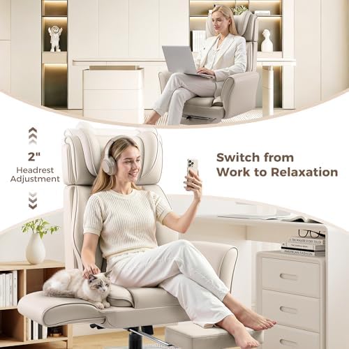 Big and Tall Office Chair, Flip Armrests for Pets & Cross Legged Sitting, Ergonomic Leather Executive Desk Chair with Foot Rest, High-Back Reclining Computer Chairs for Home Office Gaming, Beige