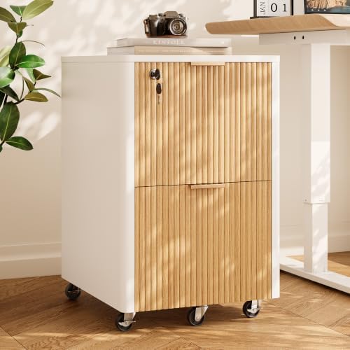 2 Drawers Fluted Mobile File Cabinet with Lock, Rolling File Cabinet Printer Stand Table, Under Desk Wooden Filing Cabinets for Home Office Essentials Storage Organization Furniture Letter/Legal/A4