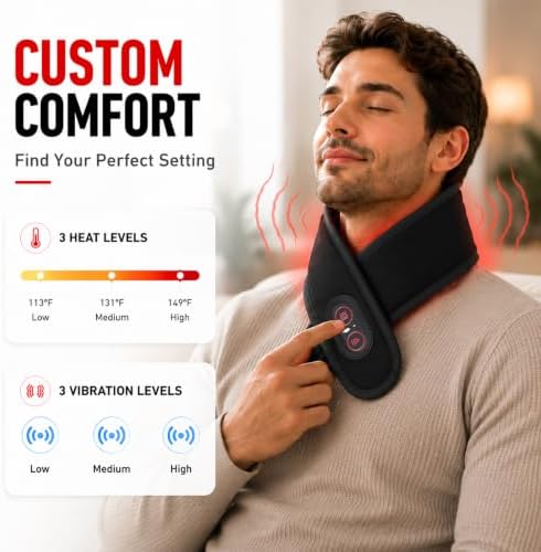Neck Heating Pad for Pain Relief, Cordless Vibrating Neck Massager with 660nm 850nm Red Light, 3000mAh Battery 3 Heat Levels, Heated Neck Brace Wrap up to 33 Inches for Soreness Stiffness