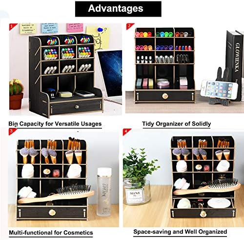 Marbrasse Wooden Desk Organizer, Multi-Functional DIY Pen Holder, Organizer for desk, Desktop Stationary, Easy Assembly, Home Office Art Supplies Storage with Drawer (B11-Black)