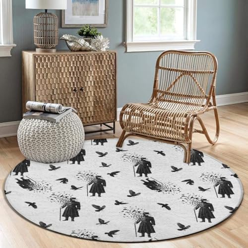 Large Home Decor Mat, Soft Round Yoga Carpet, Non Slip Machine Washable Home Office Circle Rug Black Crow Raven Bird, 24inch