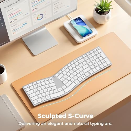 MEETION Wireless Ergonomic Keyboard, Split S-Curve, Bluetooth & 2.4G, White