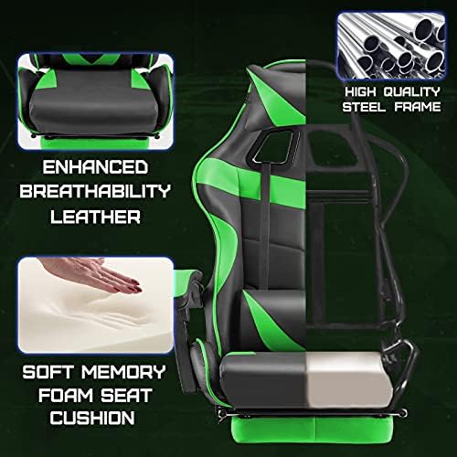 Huracan Gaming Chair with Footrest, Ergonomic Computer Chair Lumbar Support, Adjustable High Back Recliner for Adults, Racing Style Video Gaming Chairs, for Home Office Streaming, Green