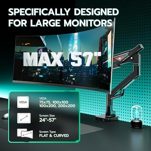 ARES WING Gas Spring Ultrawide Monitor Arm 57" 66Lbs USB VESA Dual Base